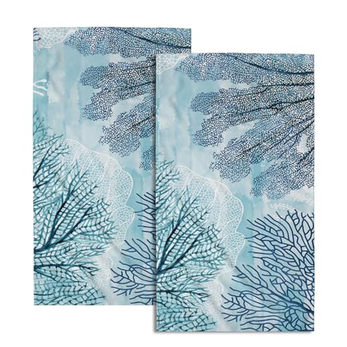 Blue Coral Hand Towels - Nautical Coastal Bathroom Hand Towels Absorbent Microfiber Fingertip Towels for Bathroom Kitchen Gym 14 x 28 Inch, Set of 2 - color: Blue Coral