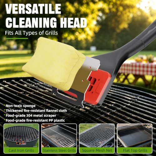 NEWKITCHEN Grill Brush Bristle Free, BBQ Grill Brush for Outdoor Grill, Extended Handle, Replaceable Cleaning Head with Scraper