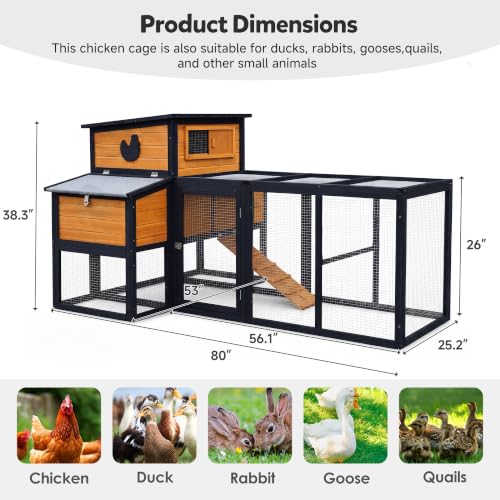 RUNSHED 80" Large Wooden Chicken Coop with Run, Outdoor Hen House for 4-6 Chickens, Ventilation Window & Sliding Doors, Waterproof Felt Roof, Easy-Clean Full Rear Door, Predator-Proof Latches