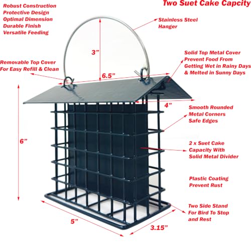 Double Suet Bird All-Metal Divided Feeder Weather-Resistant Solid Roof Top Squirrel Proof for Outdoors Hanging Suet Cake Cage Holder Perch for Outside Garden Yard - style: Double Suet With Roof Top