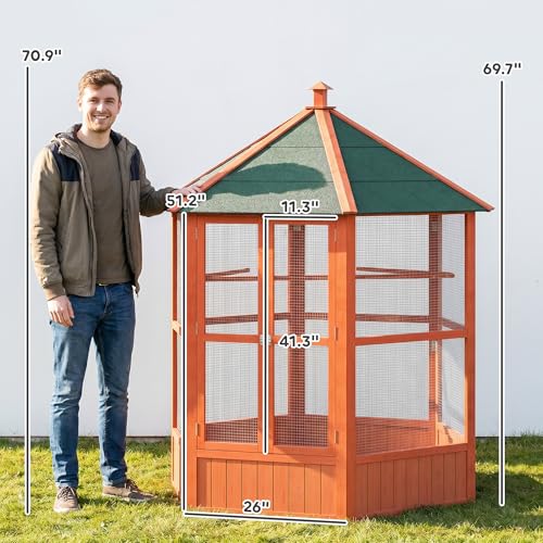 PawHut 44" Hexagon Covered Canopy Bird Cage with Stand Orange | Portable Aviary Flight Cage for Cockatiels, Conures, Lovebirds, Budgies & Small Birds