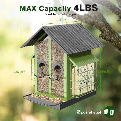 FlowaFoli Bird Feeders for Outdoors, Metal Bird Feeder with Double Suet Cage Weatherproof Metal Roof, 2 in 1 Mixed Seeds Suet Feeder, 4Lbs Large Capacity, Great for Finch、Cardinal、Chickadee（Green） - color: Green