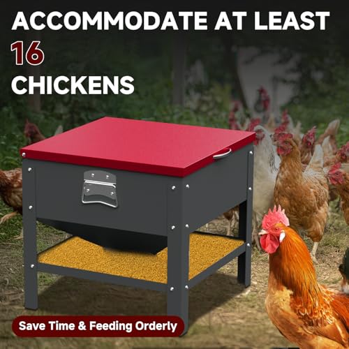 Automatic Chicken and Duck Feeder, 80 LBS Capacity Metal Chicken Feeder, Weatherproof Outdoor Gravity Feeding Barrel, No-Waste Feeder for Backyard Flock (Red) - color: Red