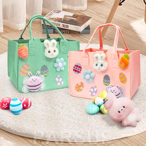PARSUP 2PCS Happy Easter Egg Hunt Bunny Gift Treat Bags with Handles, Felt Easter Bags for Gifts Wrapping, Egg Hunt Game, Party Supplies, 12" x7.8" x6.8"(Pink + Green)