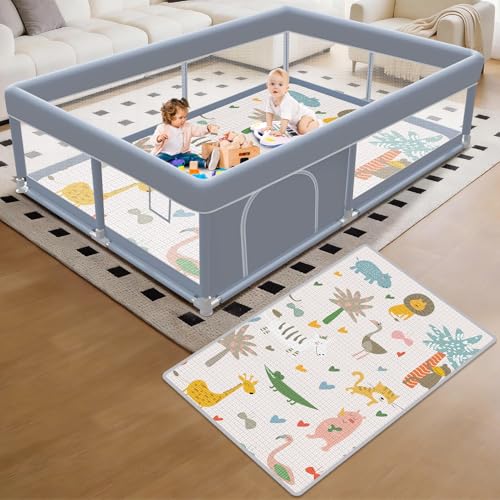 XVISHX 65 x 50 Inch Baby Playpen with Mat, Playpen for Babies and Toddlers, Baby Play Pen Playard for Indoor & Outdoor Active Center Game Fence, Skin-Friendly Fabric and Soft Breathable Mesh, Grey - size: 65 × 50 Inch With MAT