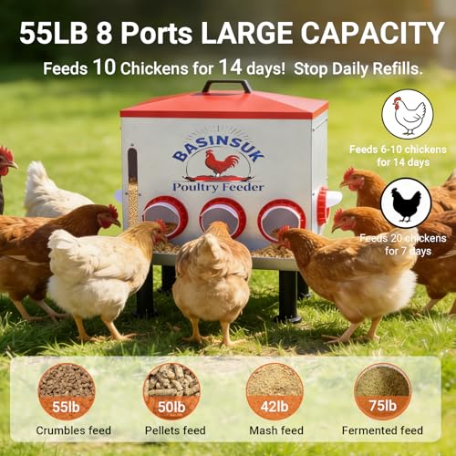 10Gal 55lb Automatic Chicken Feeder, 8 Port No Waste Chicken Feeders Rat-Proof Large Metal Poultry Feeder with Window & Catchment Tray, Adjustable Legs Waterproof Rust-Proof for Coop Outdoors