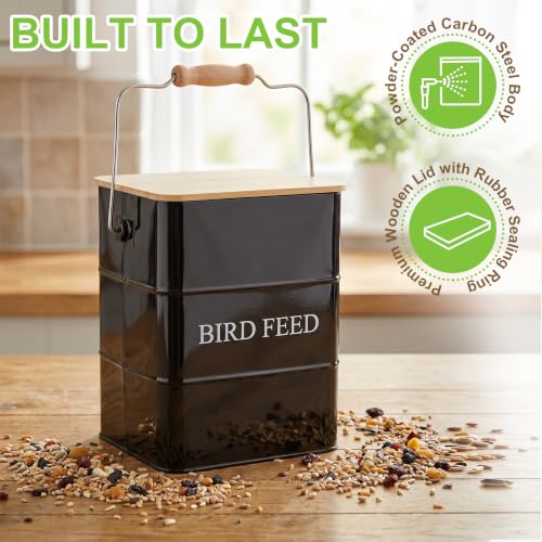 Metal Bird Seeds storage container,Outdoor Bird Container Canister, Pet Food Bin with Wooden Lid/Handle/Food scoop,hold 5-6 Lbs of Wild Bird Seed Sunflower Seed-Preventing Squirrels-Black - color: Black