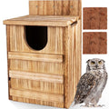 Owl House, Large Wooden Owl Nesting Box for Outside (8.7" x 7.5" x 14.2"), 3.3" Predator-Deterrent Entrance, Side Vent Holes & Bottom Drainage, Includes 2 Coco Liners, Easy Assembly