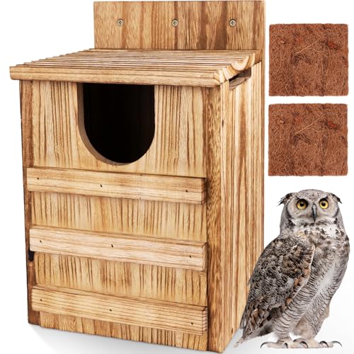 Owl House, Large Wooden Owl Nesting Box for Outside (8.7" x 7.5" x 14.2"), 3.3" Predator-Deterrent Entrance, Side Vent Holes & Bottom Drainage, Includes 2 Coco Liners, Easy Assembly