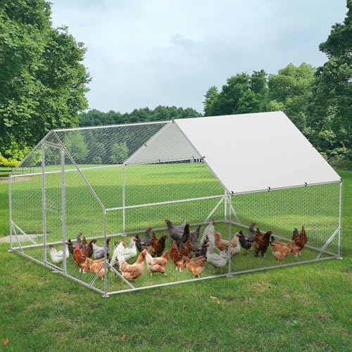 GarveeTech 6.5FT Walk in Chicken Coop Metal, Large Chicken Run with Triangular Brackets, Waterproof & Anti-UV Cover, Poultry Cage for Duck Goose Rabbit, Hen House for Yard Backyard Farm, 6.6' h - size: 9.8' x 13.1' x 6.6'