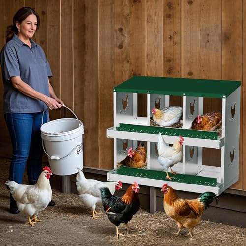 GarveeLife Nesting Boxes for Chickens, 6 Compartment Chicken Nesting Box, Metal Chicken Laying Boxes with Perch, Secure Lid, Versatile Wall Mount or Free Standing for Hens, Green - color: green, size: 35.4"L x 17.3"W x 6.3"H