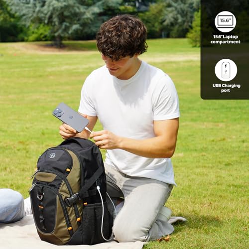 Swissdigital Design Laptop Backpack with USB Charging Port, Travel Backpack Fits 15.6 inches Computer, 31L College School Backpack for Men, Olive/Black | SD803-26 - color: Olive/Black