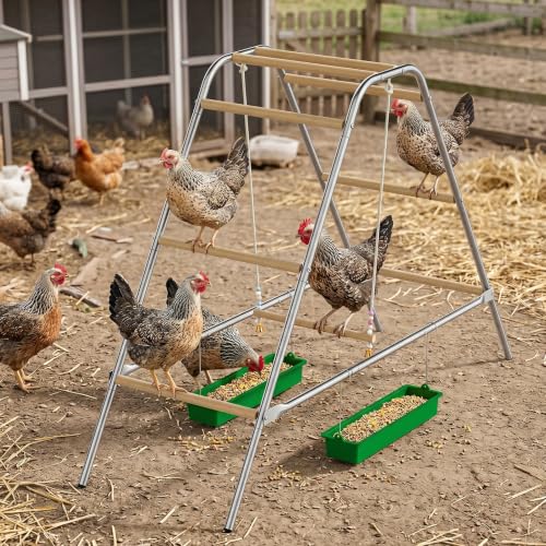Wooden Chicken Roosting Bars with Swing & 2 Feeders | Chicken Perch Stand Coop Accessories for Outdoor Chicken Playground, Exercise Toy for Backyard Poultry Farm, Easy Assembly