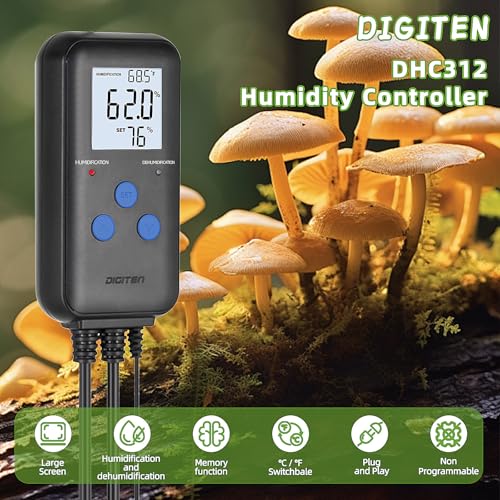 DIGITEN Humidity Controller with Temperature Display for Reptile, Mushroom | Pre-Wired Digital Humidistat, Dual-Stage Outlet Humidifier/Dehumidifier for Grow Tent/Greenhouse, LCD Display, Plug & Play
