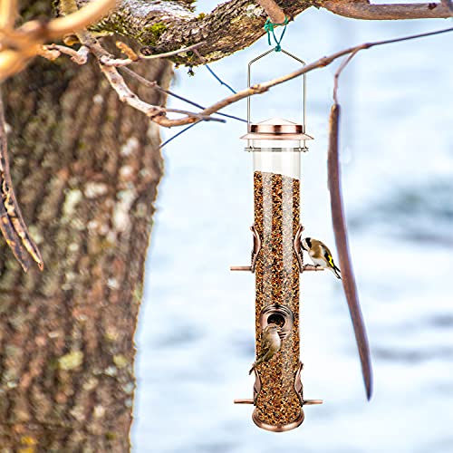 Metal Bird Feeder Tube Hanging Wild Bird Seed Feeder Aluminum Six Port Bird Feeders,1.4 mm Extra Thick Solid Tube Transparent with Steel Hanger Great for Attracting Birds (Antique Copper 2PK) - color: Antique Copper 2PK