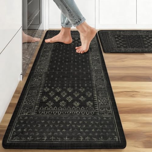 Kitchen Anti-Fatigue Mat, 2PCs, 17.3"x47"+17.3"x29", 0.4" Thick | PVC Non-Slip Cushioned Comfort Washable Floor Rug, Ergonomic Standing Rugs, Easy Clean for Home, Sink, Laundry - color: Black