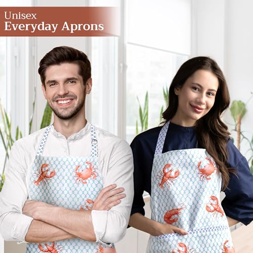 Maison d' Hermine Aprons for women with Pocket 100% Cotton (27.50"x31.50") | Adjustable Neck Strap & long ties Apron Men Chef Wedding Cooking Gardening Server Maid - color: 057 - Lobster Love