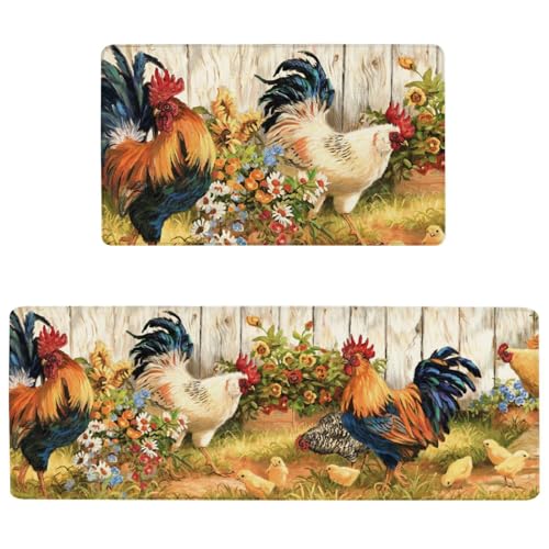 Rooster Kitchen Rugs and Mats Set of 2, 17.3"x47"+17.3"x29" | Anti Fatigue Cushioned Floor Mat, Non-Slip Waterproof Farmhouse Decor Runner for Sink, Stove, Laundry Room - color: Rooster