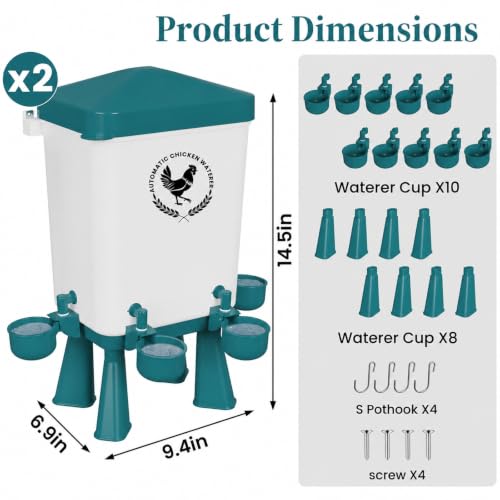 2 Pack 3 Gallon Chicken Waterer with 10 Chicken Water Cups, Poultry Waterer with Stand Legs, Hooks and Screws, Chicken Water Feeder for Coop, Ducks, Hens, Farm, Backyard Chickens (Blue) - color: Blue, size: 2pcs