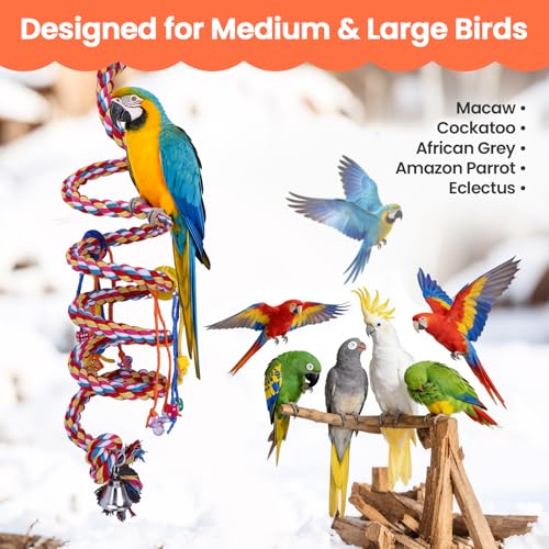 110" Ultra Long Bird Rope Perch Toys for Macaws. Heavy Duty Climbing Swing | For Cockatoos, African Greys, Amazons,Large Bird | Bell & Acrylic Enrichment Chewing Toys| 1''Thick Cotton Rope Spiral Play