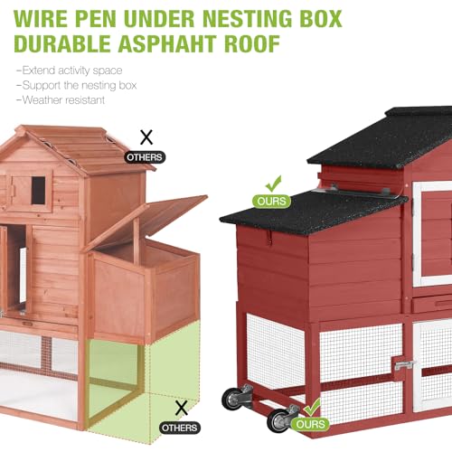 GUTINNEEN Chicken Coop Mobile Outdoor Chicken House Hen Coop with Wheels Nesting Box, Poultry Cage Duck House with Run(Red) - color: Red