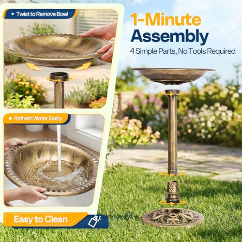 VIVOHOME Bird Bath with Solar Fountain for Outside, Pedestal, Golden | Solar-Powered Pump, Weather-Resistant Polyresin, 20-Inch Bowl, for Outdoor/Garden, Bird-Friendly, Easy to Clean - color: Golden