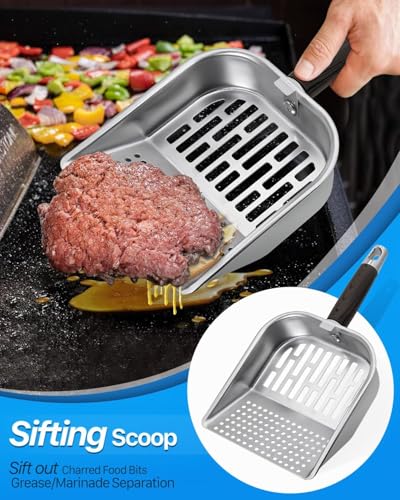 Griddle Scoop for Blackstone with a Any-Edge Hook, Stainless Steel Griddle Portable Food Mover for Stir Fry and Move Food, Sifting Grill Shovel - color: Sifting Scoop, size: 1 Pack