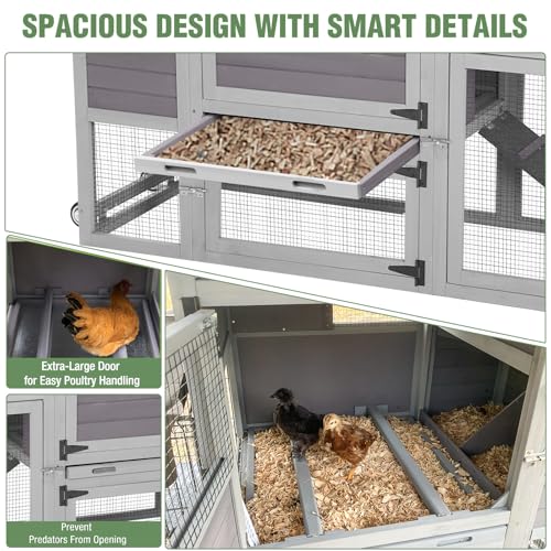 Large Mobile Chicken Coop with Run, 79" Outdoor Wooden Poultry Cage on Wheels, All-Steel Frame Hen House, Waterproof Roof, Nesting Box, for 4-6 Chickens - color: Grey (AIR7008)