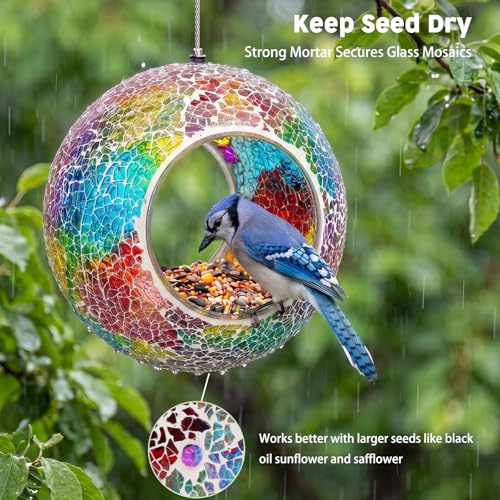 VCUTEKA Bird Feeder Mosaic Fly Through Hanging Birdfeeders for Garden Decor | 7 inch Mosaic Bird Feeeders for Outdoors, Round Shape Glass Container to Attract Wild Birds for Backyard Porch Yard Decor - color: Red