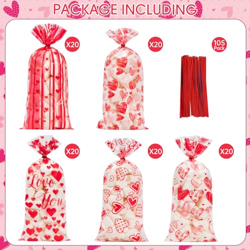 100 Pcs Valentine Treat Bags - Red Heart Cellophane Goodie Bags, Clear Plastic Happy Valentine's Day Cello Candy Gift Bag With Twist Ties for Wedding Anniversary Party Favors Supplies - color: Valentines