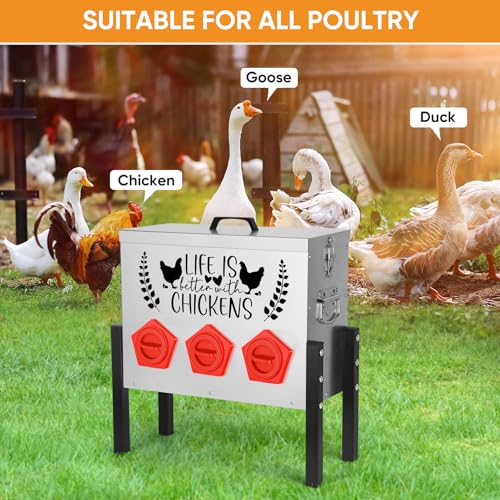 ‎Tgeyd 30 lb Large Capacity Automatic Chicken Feed Box with 6 Upgraded House-Shaped Flow Ports, Heavy-Duty Outdoor Metal Feeder with Adjustable Height & Locking Lid - color: Cockscomb Red