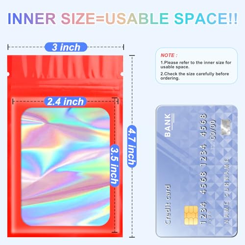 ANZNKU 100PCS Holographic Red Mylar Bags, Resealable Smell Proof 3x4.7 | with Clear Window, Small Business Jewelry Candy Treat Freebie Keychain Packaging, Sealable Plastic Zip Goodie Gift Baggies - color: Red, size: 3 x 4.7 Inch