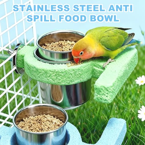 3pcsRainbow Cloud-Shaped Bird Perch Platform + Beak Conditioning Stone + Stainless Steel Feeder,Parrot Perch for Cage Volcanic Rock Mineral Bird Perch,for Parakeets,Cockatiels,Lovebirds（Green） - color: G