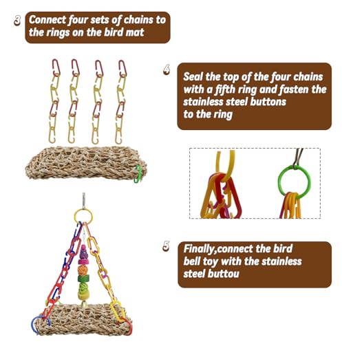 Bird Swing Toy Seagrass Mat, Natural Sea-Weed Woven Parrot Hammock Swing Bird Net Hammock Mat Climbing Swing Mat with Colorful Chewing Rope Toys for Parakeets, Budgie,Conure,Cockatiel,Lovebird