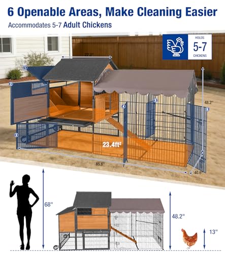 Large Chicken Coop with Wheels, Upgraded with All-Arounded Iron Frame Chicken Tractor, Poultry Chicken House with Large Run, Waterproof Roof, Expandable Nesting Box, 85" L for 5-7 Chickens