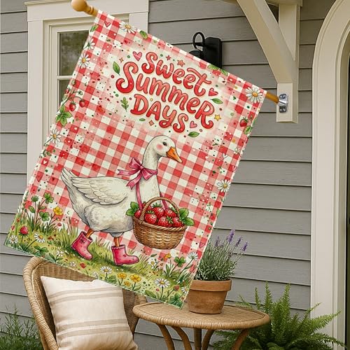 Goose House Flag, Summer Playful Strawberries Basket Summer Red Double Sided Burlap Front Porch Decorative Flags for Outdoor Patio Yard Lawn Entrance Balcony 28x40 Inch - size: 28x40 Inch