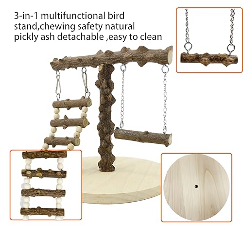 Natural Wood Parrot Play Stand, Bird Gym with Ladder and Swing, Training Station, Climbing Playground for Budgies, Cockatiels, Lovebirds,Conures Small to Medium Birds