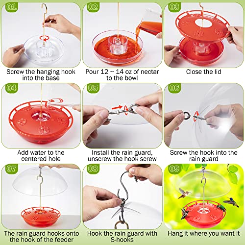 15.5 OZ Hanging Hummingbird Feeders for Outdoors with Rain Guard, Leak Proof Saucer Humming Bird Feeders with Ant Moat, 5 Flower Feeding Ports and Cleaning Brush for Garden Yard Patio (1 Pack)