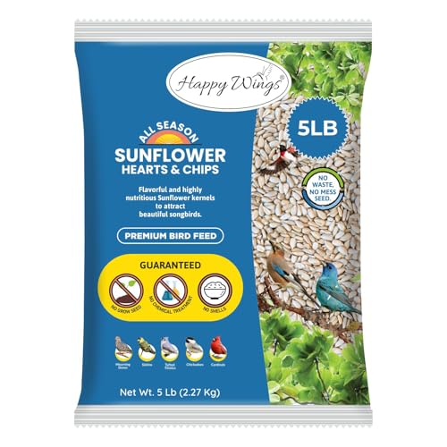 Happy Wings Sunflower Hearts & Chips - Sunflower Kernels and Chips Bird Food - 5 Lb No Mess, No Waste I No Grow Seed | Bird Seed for Wild Birds - size: 5 Pound (Pack of 1)