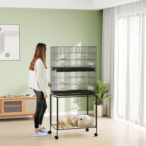 PawHut Double Stackable Bird Cage with Stand for Canaries, Lovebirds | Wooden Swing, Rope Ladder & Wheels, Budgie Cage, Storage Shelf, Removable Tray, Wooden Perches & Food Containers, Finches
