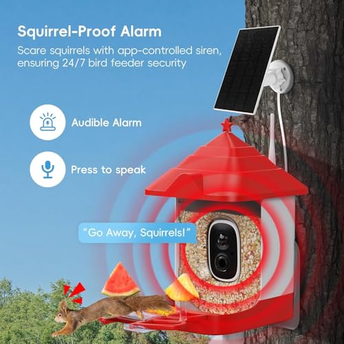 Smart Bird Feeder with Camera, Solar Panel & 5200mAh Battery, 4K HD Video, AI Identification, Instant Arrival Alerts & Alarm, IP65 Weatherproof, 32GB Card, 2L Capacity, for Bird Lover - color: Red