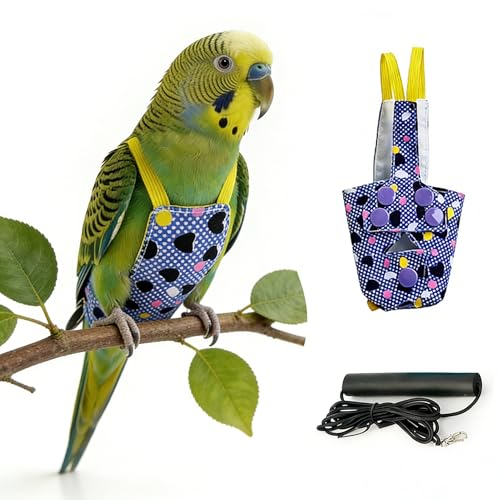 Parrot Flight Suit with Elastic Leash, 2-in-1 Vest & Traction Set, Quick-Release Design, 2 Colors (Blue Heart/Black Heart), Polyester, 7.48x7.87in, for Budgie Cockatiel Lovebird (Black Heart) - color: Black Heart