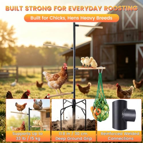 Chicken Perch Stand for Coop, 55 in Heavy Duty Poultry Roosting Stand with 5-Leg Ground Stake Base, 4 Wooden Perches, Outdoor Chicken Roost Stand for Hens & Chicks