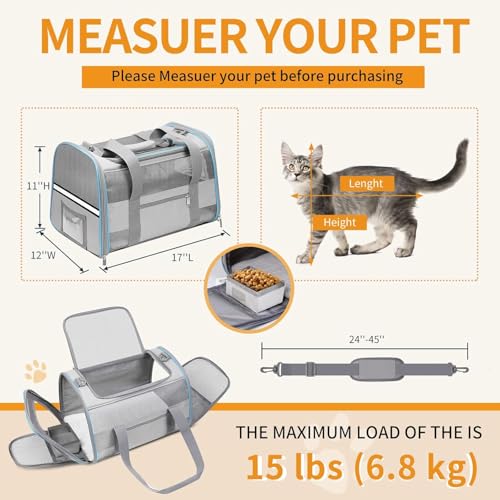 17" Soft Cat Carrier with Shoulder Strap for Travell, Light Grey | TSA compliant fits under seat, soft-sided lightweight, breathable, top/side entry with zippers,collapsible food bowl - color: LightGrey