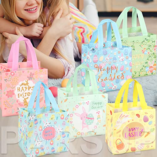 12PCS Happy Easter Egg Hunt Bags Easter Bunny Carrot Chick Egg Gift Bags with Handles, Easter Treat Bags, Easter Party Supplies , 8.3×7.9×5.9inch - color: Foil Blue Yellow Pink