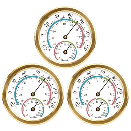 Indoor Thermometer Hygrometer Mini Analog 2 in 1 Temperature Humidity Outdoor Monitor Gauge for Home, Offices, Wall, Display Mechanical (Golden 3 Pack) - color: Golden-3pack