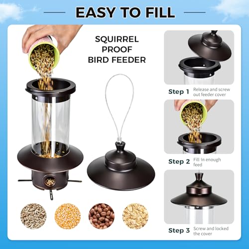 Squirrel Proof Bird Feeders for Outdoor: 4.8LB Large Capacity Hanging Bird Feeder, Weight-Activated Mechanism Wild Bird Feeders, Chew-Proof Metal Birdfeeder for Finch Cardinal Chickadee - color: Brown