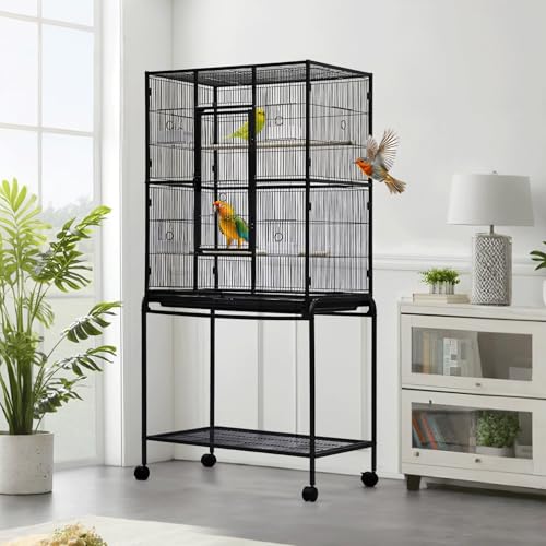 62" Large Bird Cage, Parrot Bird Cage with Rolling Stand & Storage Shelf, Heavy Duty Wrought Iron Flight Cage, Secure Lock, Ideal for Parakeets, Parrots, Cockatiels, Conures, Lovebirds - size: 37.2"L x 30.3"W x 4.3"H
