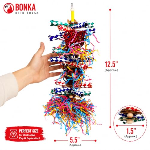 Bonka Bird Toys 1042 Huo Foraging Hearts Bird Toy for Medium Large Birds Interactive Shredding and Chewing Cage Toy Colorful Palm Leaf and Paper Enrichment Toy 12.5" - color: Duo Foraging Heart