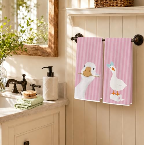 Pink Funny Goose Bathroom Hand Towels, Preppy Striped Toothbrush Bubble Goose Decorative Hand Towels for Toddler Kids Girls Bathroom, 16x24 Inch Set of 2 - color: Goose-pink